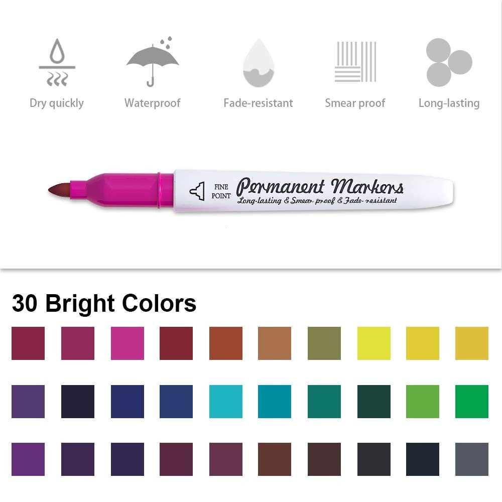 Permanent Markers 30 Colors Fine Tip Multi Surface Art Markers