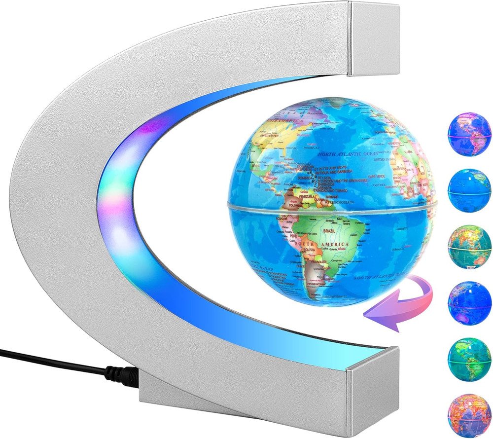 Magnetic Levitating Globe with LED Light, Floating Desk Decor, Silver
