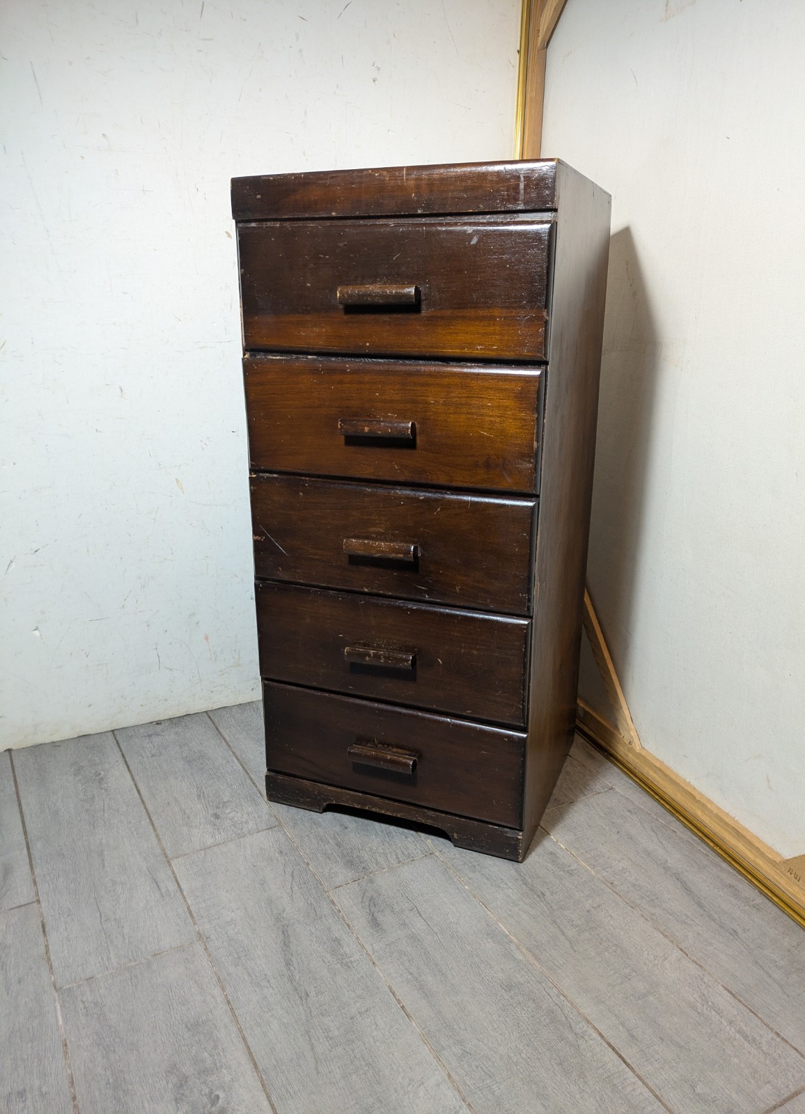 Vintage Art Deco Wood 5-Drawer Narrow Tallboy Dresser Lingerie Chest Cabinet N23