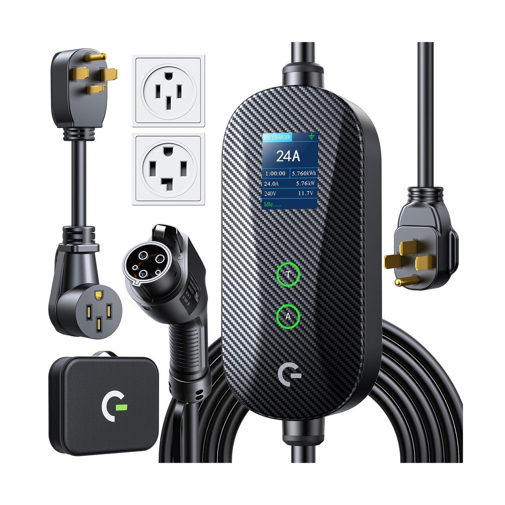 Carbon Fiber Level 2 EV Charger, 24A Adjustable Current/Timer/Smart Display, ...