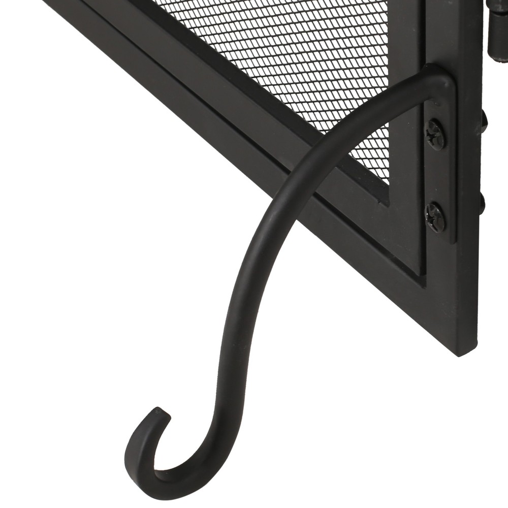Modern 3 Panel Iron Folding Fireplace Screen with Doors and Tools Matte Black