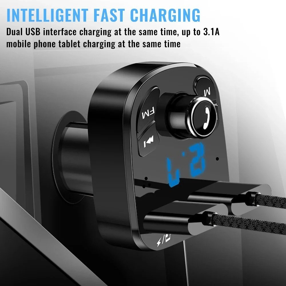Bluetooth 5.0 Car Wireless FM Transmitter Adapter 2USB PD Charger AUX Hands-Free