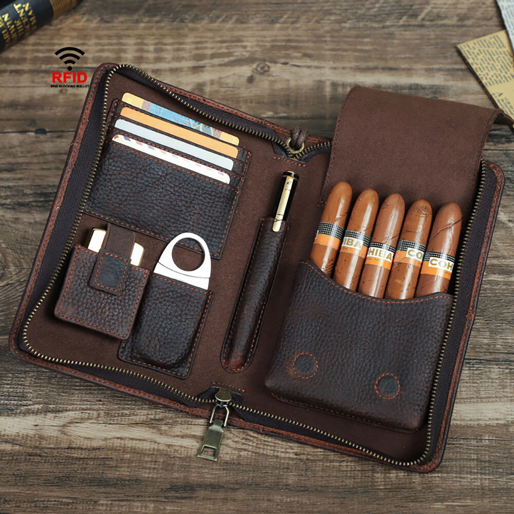 Genuine Leather Cigar Case Passport Travel Humidor set Lighter cutter Pocket Box