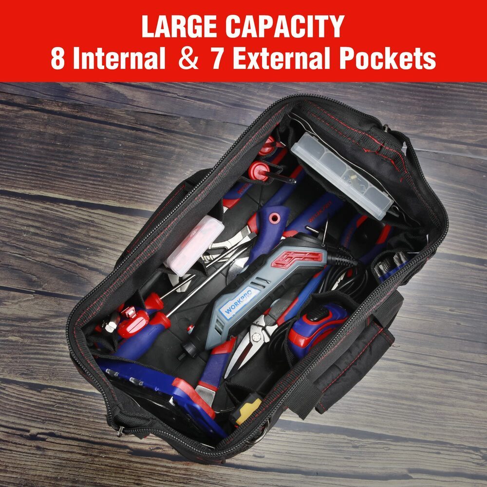 WORKPRO 16" Zipper Wide Mouth Tool Storage Bag Case Large Capacity w/21 Pockets