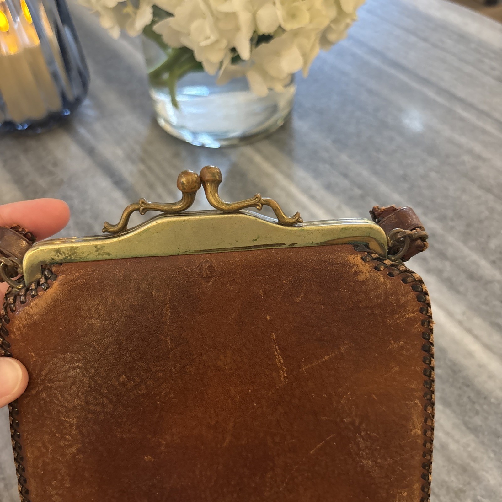 Antique TOOLED LEATHER PURSE Art Nouveau Stylized Lily Suede Inside