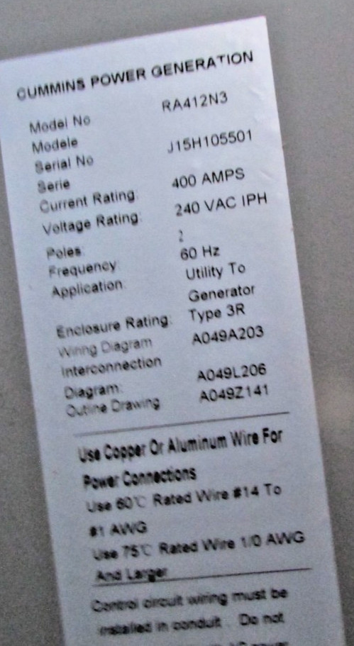 Cummins 400 Amp Automatic Transfer Switch - RA412N3