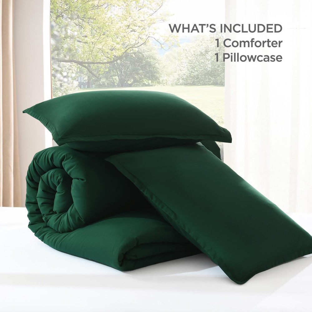 Dark Emerald Green Twin Size Comforter Set, 2 Pieces Boho Solid Bedding Comfo...