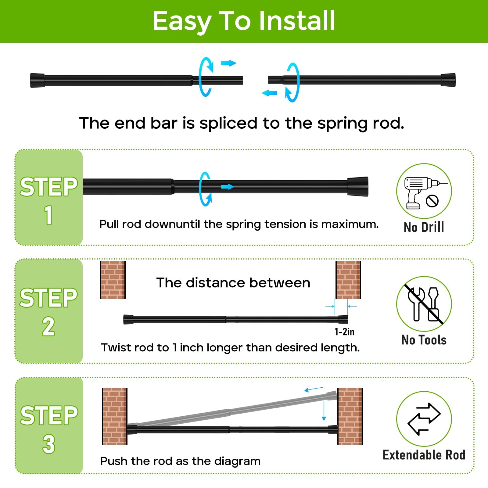 Spring Tension Rod 18-41 Inches No Drilling Adjustable 18-41inch-1P, Black
