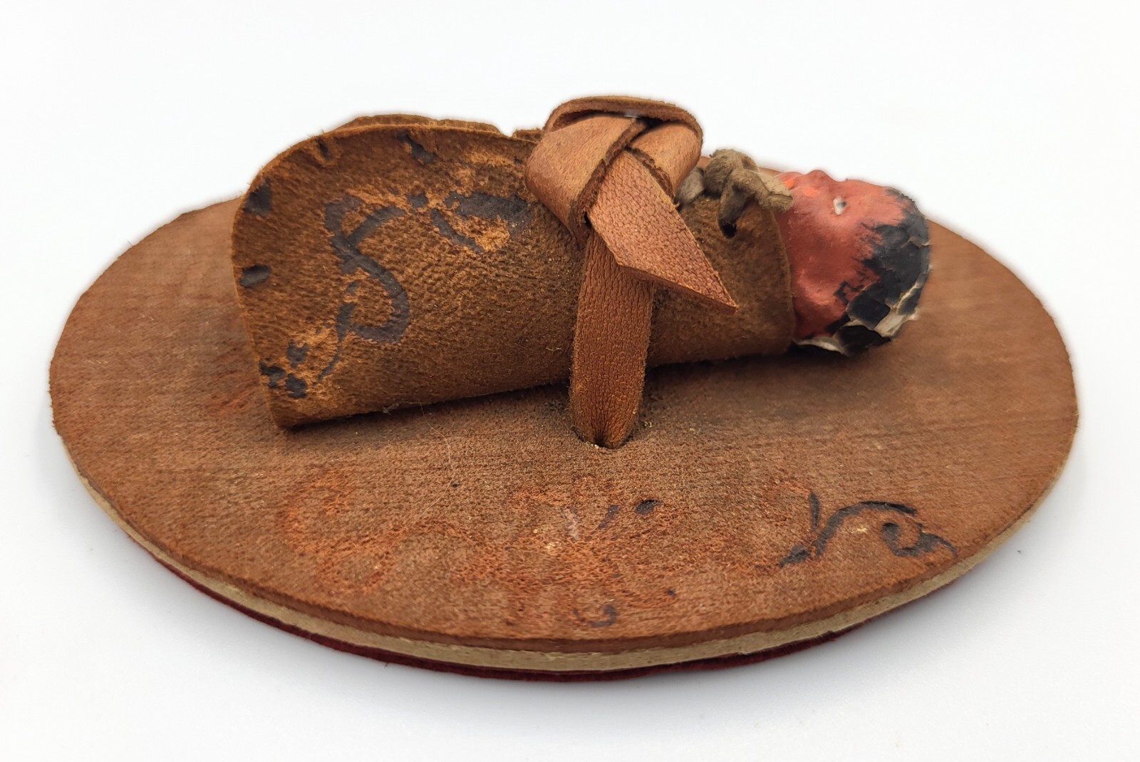 Antique Hand Crafted Clay And Leather Native American Papoose Cradle Doll