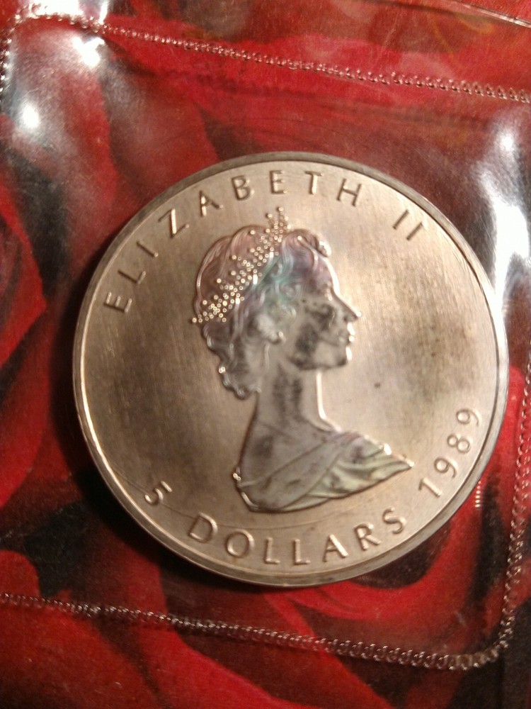 1989 $5 **SILVER** CANADA MAPLE LEAF QUEEN ELIZABETH IN ORIGINAL PLASTIC CASING
