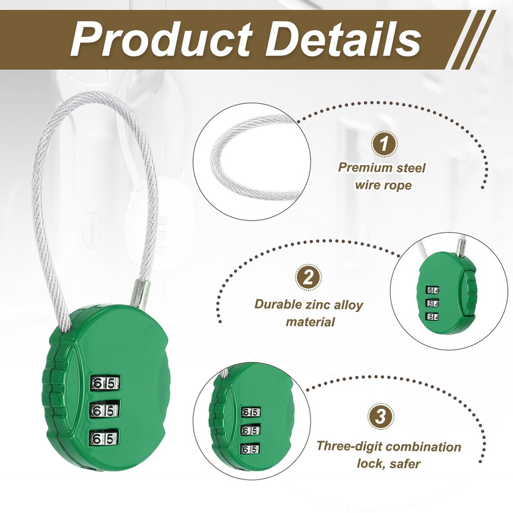 2-Pack Combination Padlock, 3 Digit Round Shaped Cable Luggage Lock [Dark Green]