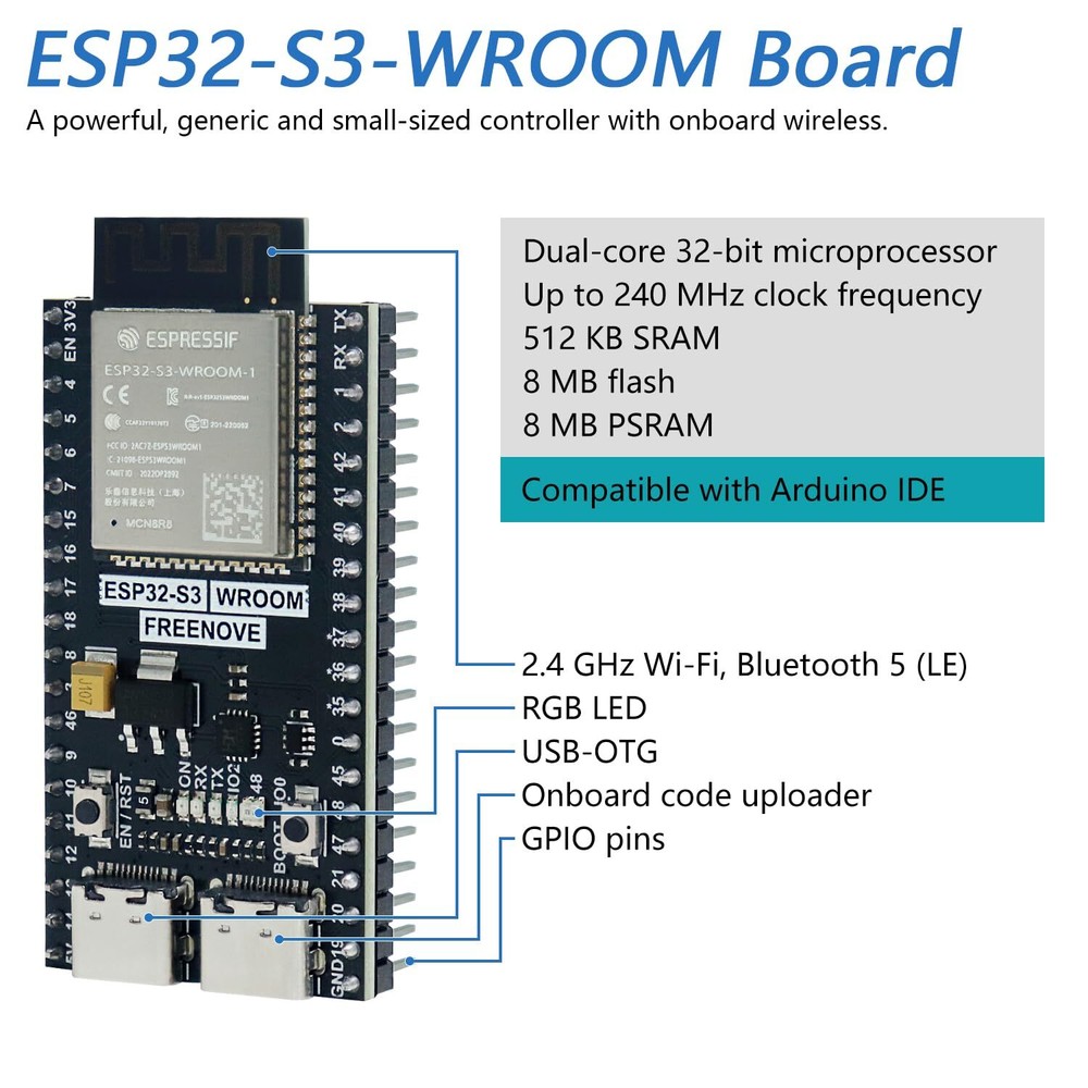 ESP32-S3-WROOM Board Lite 2 Pack Dual-core 32-bit 240 MHz Microcontroller Onb...