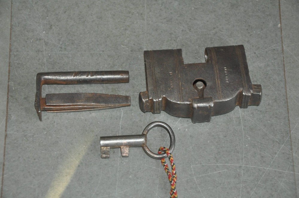 Vintage Unique Solid Lines Engraved Iron Handcrafted Padlock, Nice Patina