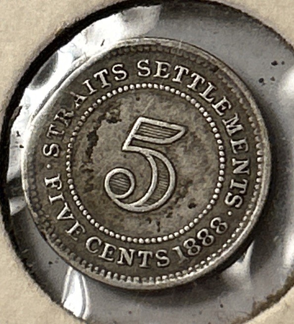 1888 Straits Settlements Silver 5 Cents VG