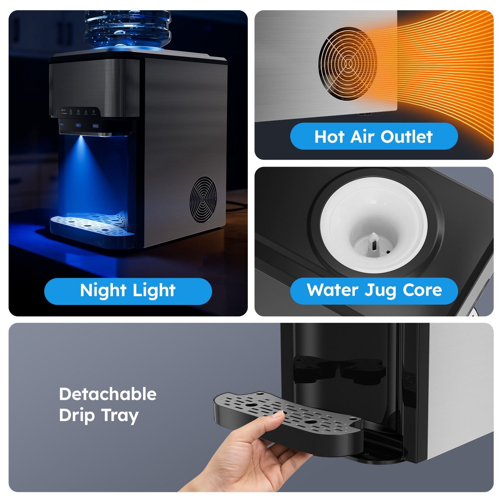 3 in 1 Countertop Ice Cube Maker 44lbs/Day with Water Dispenser Combo Machine