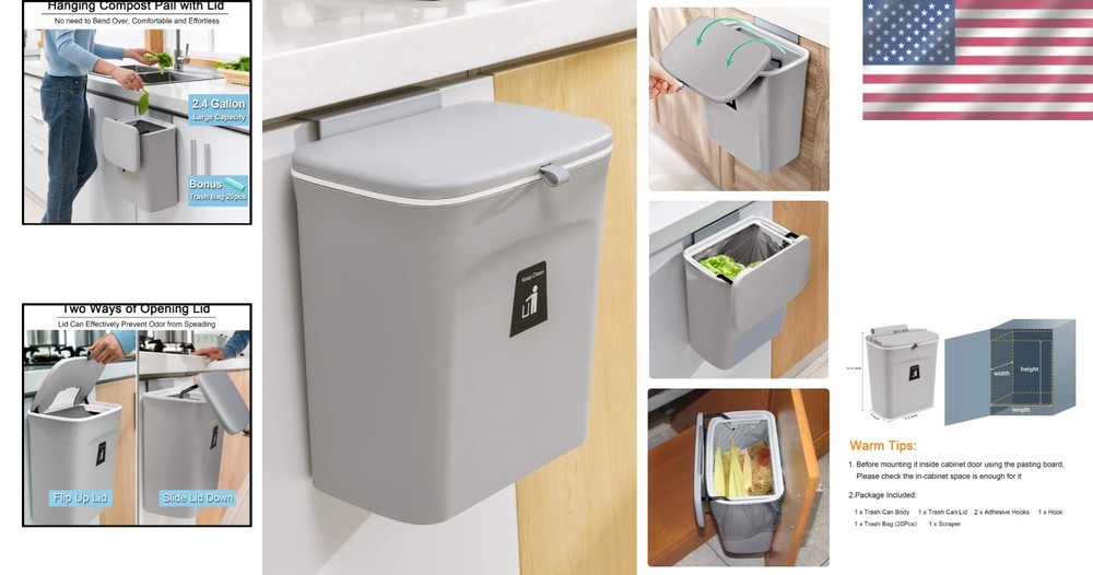 Durable 2.4 Gallon Mountable Compost Bucket - Odor-free Kitchen Solution in Gray