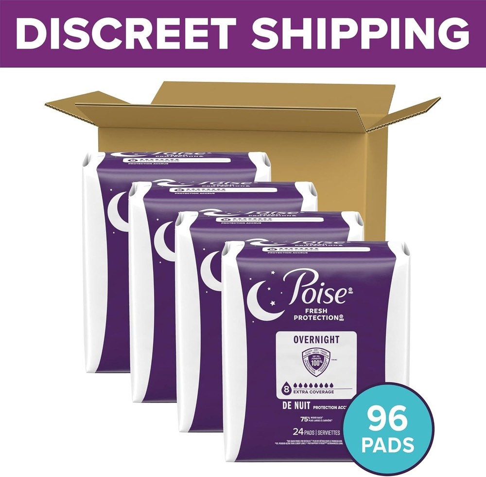Poise Overnight Incontinence & Postpartum Pads, 8 Drop Extra Coverage, 96 Count