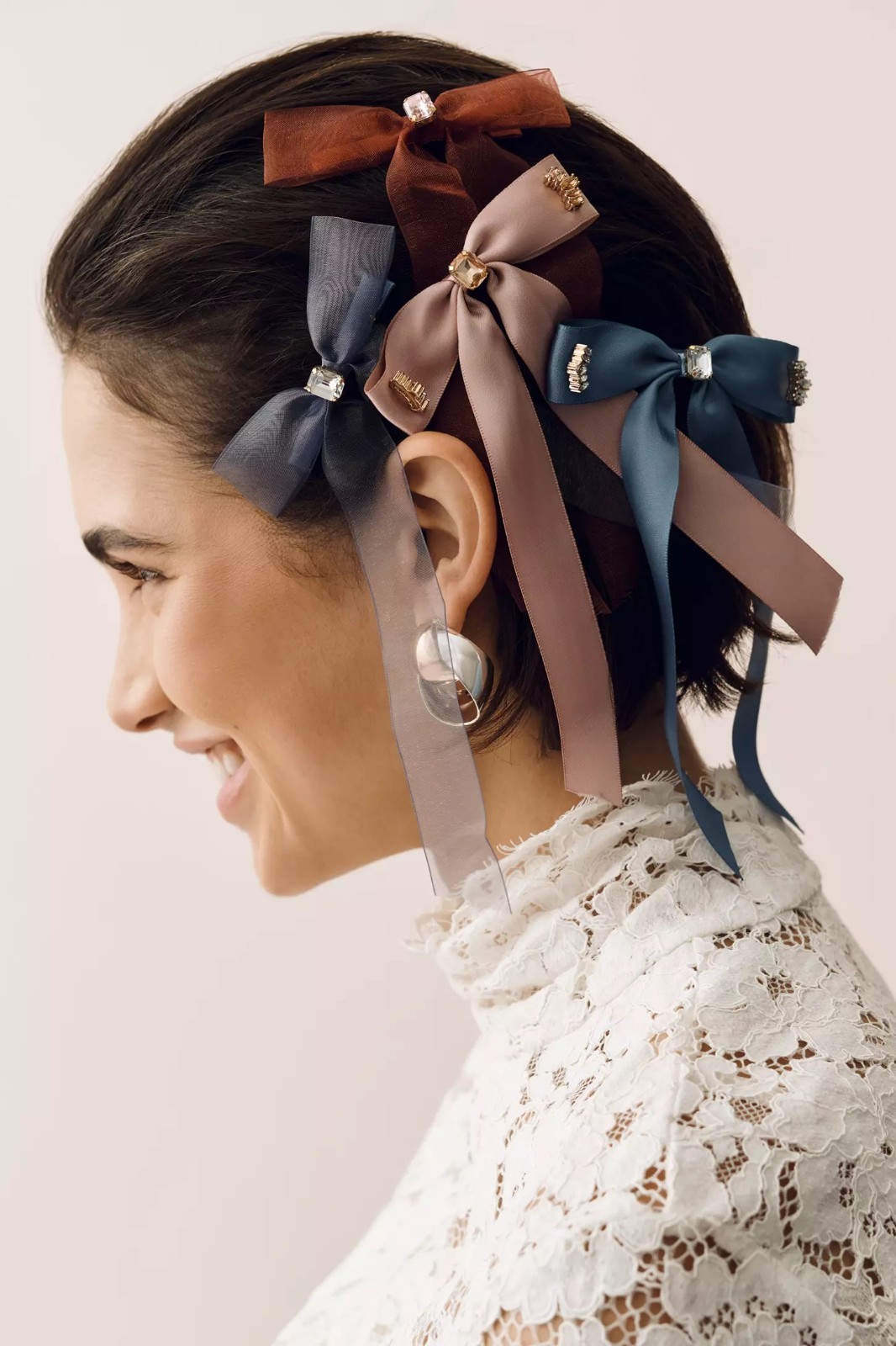 NWT Anthropologie Gemstone Bow Hair Clips Set of 3 Brown