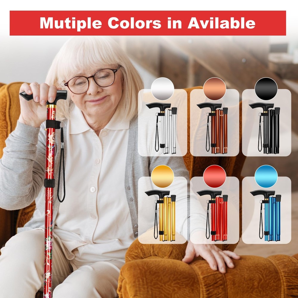 Folding Cane, Portable 5-Level Adjustable Height Walking Stick with Foldable ...