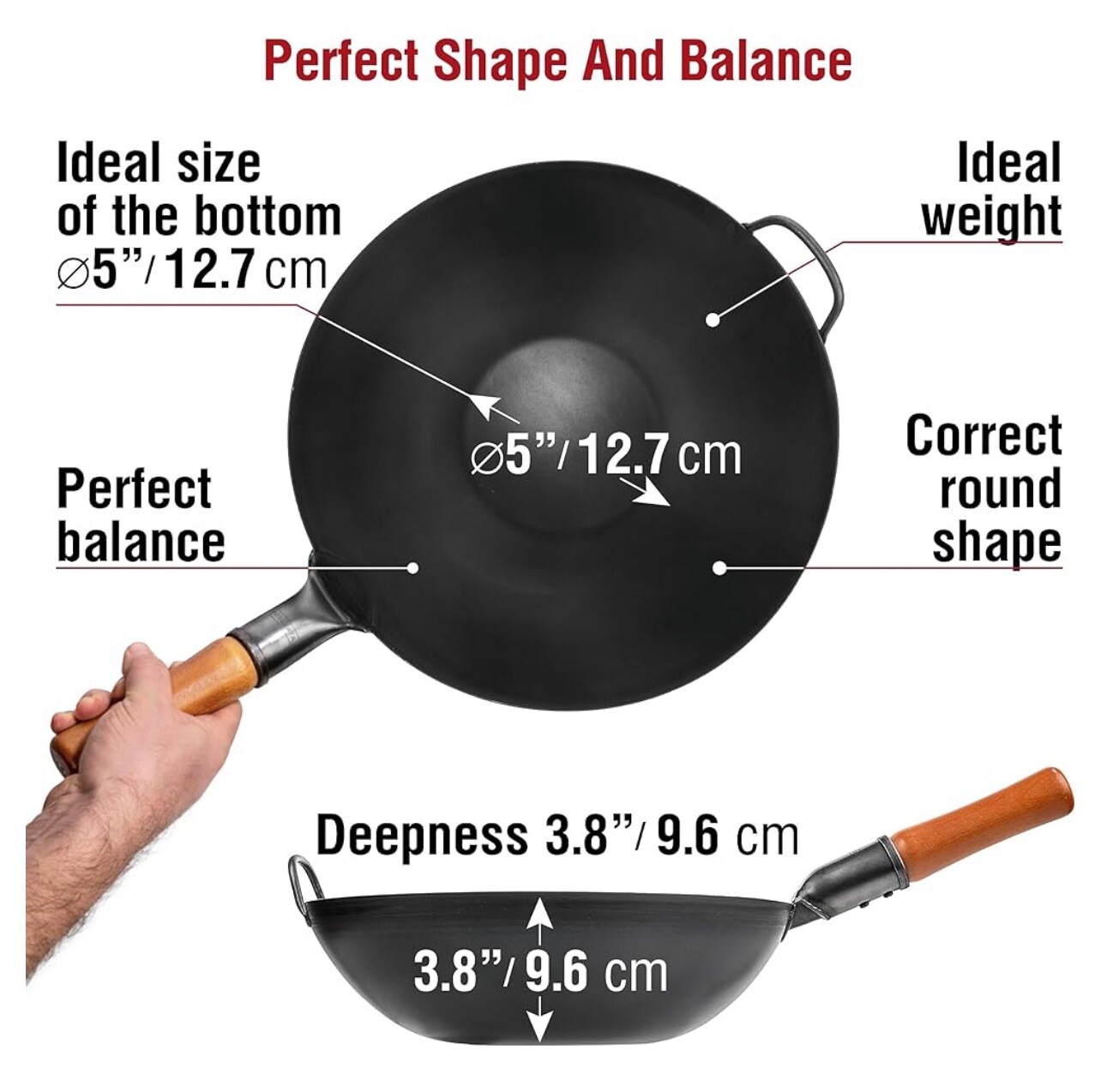 YOSUKATA Carbon Steel Wok Pan – 13,5 “ Stir Fry Pans - Chinese Wok with Flat Bot