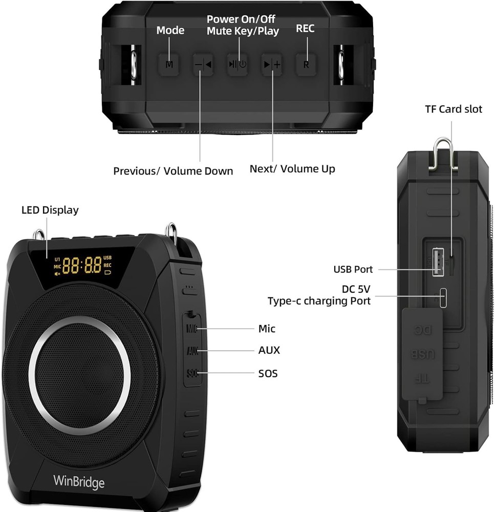 Voice Amplifier Wireless Microphone, 20W Portable PA System with Bluetooth & ...