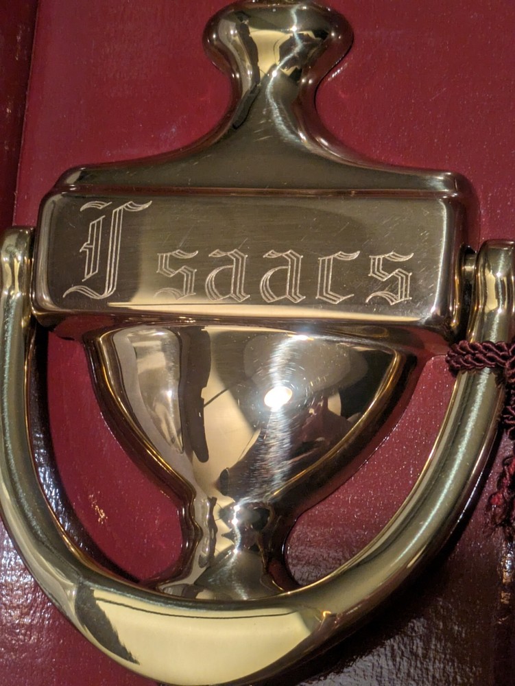 SOLID BRASS DOOR KNOCKER Etched "Isaacs" G & D SPAIN 7X3.5 INCH MOUNT HARDWARE