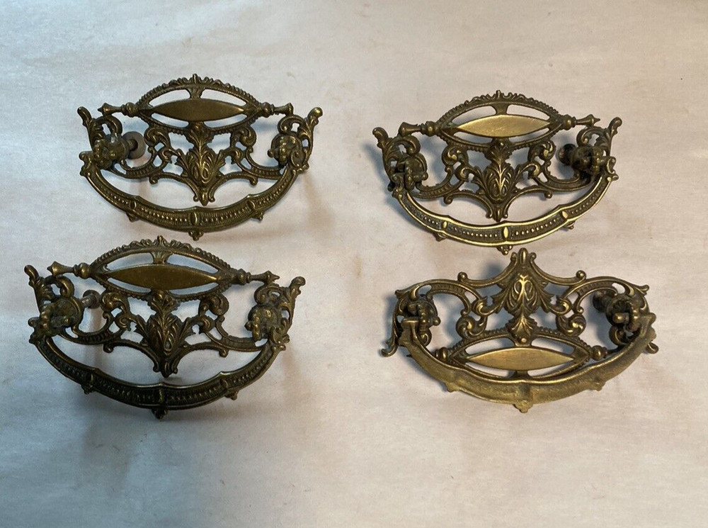 4 Vintage Fancy Brass Drawer Pulls