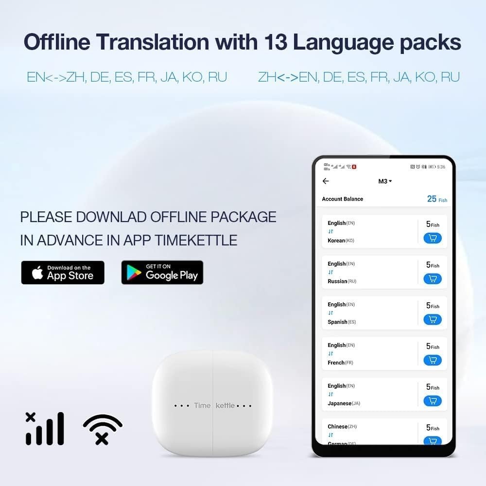 TimeKettle M3 White Bluetooth 3 In 1 Language Translator Earbuds With APP