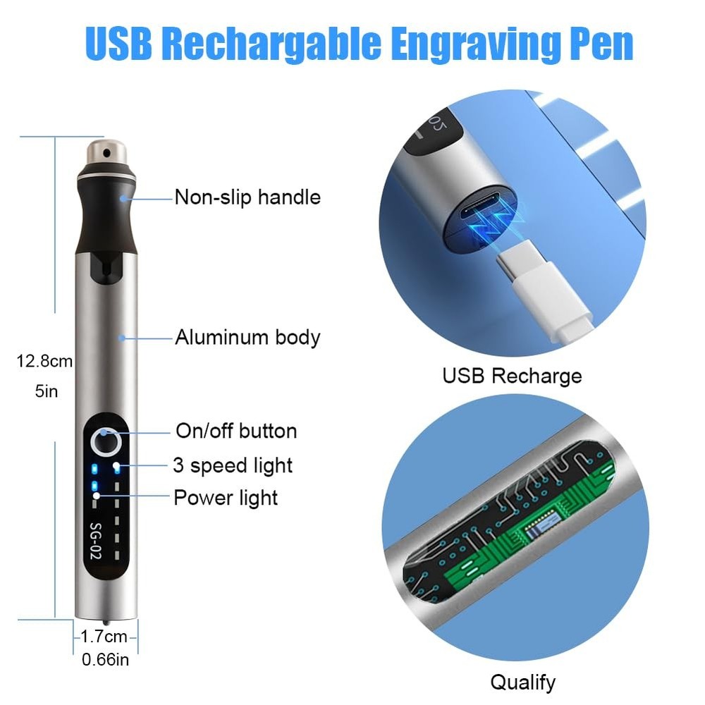 USB Rechargable Engraving Machines Pen with 35bits,Mini Small, Silver