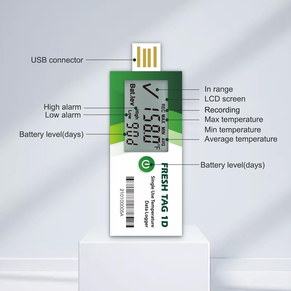 Freshliance USB Temperature Data Logger: 30000 Points, PDF/CSV Report, 30 Days