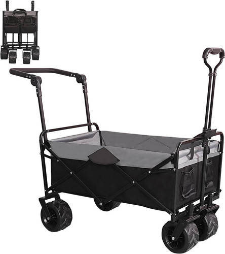 Collapsible Folding Wagon with Extra Push Pull Handle, Heavy Duty Black