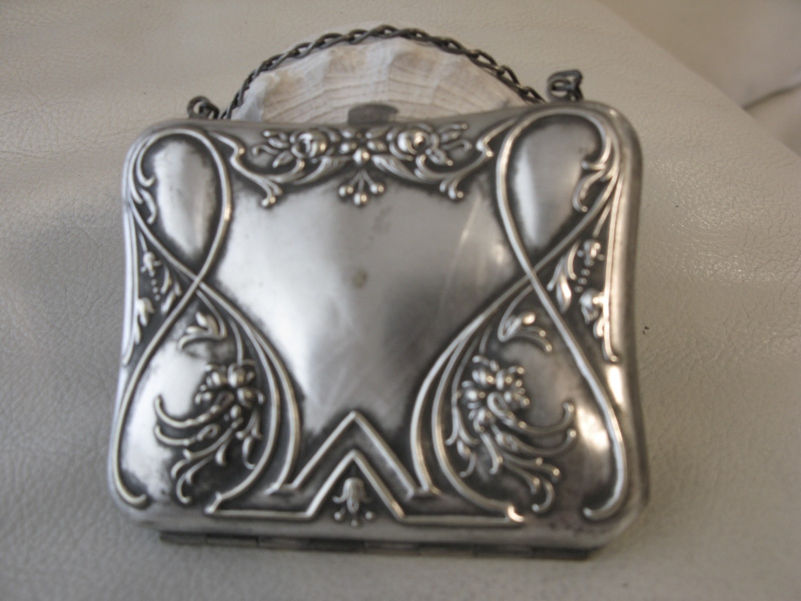 Antique Art Nouveau Silver Floral Card Case Mirror Lipstick Holder Purse Wallet