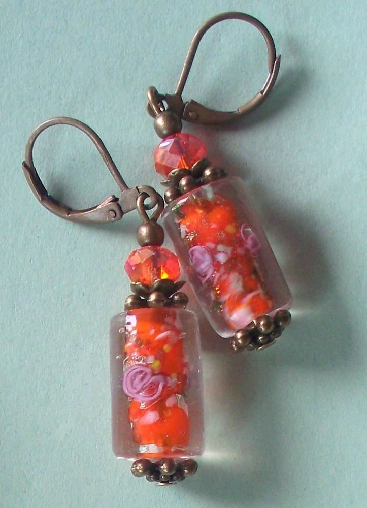 orange LAMPWORK Crystal earring BRONZE LEVERBACK handcrafted XLW