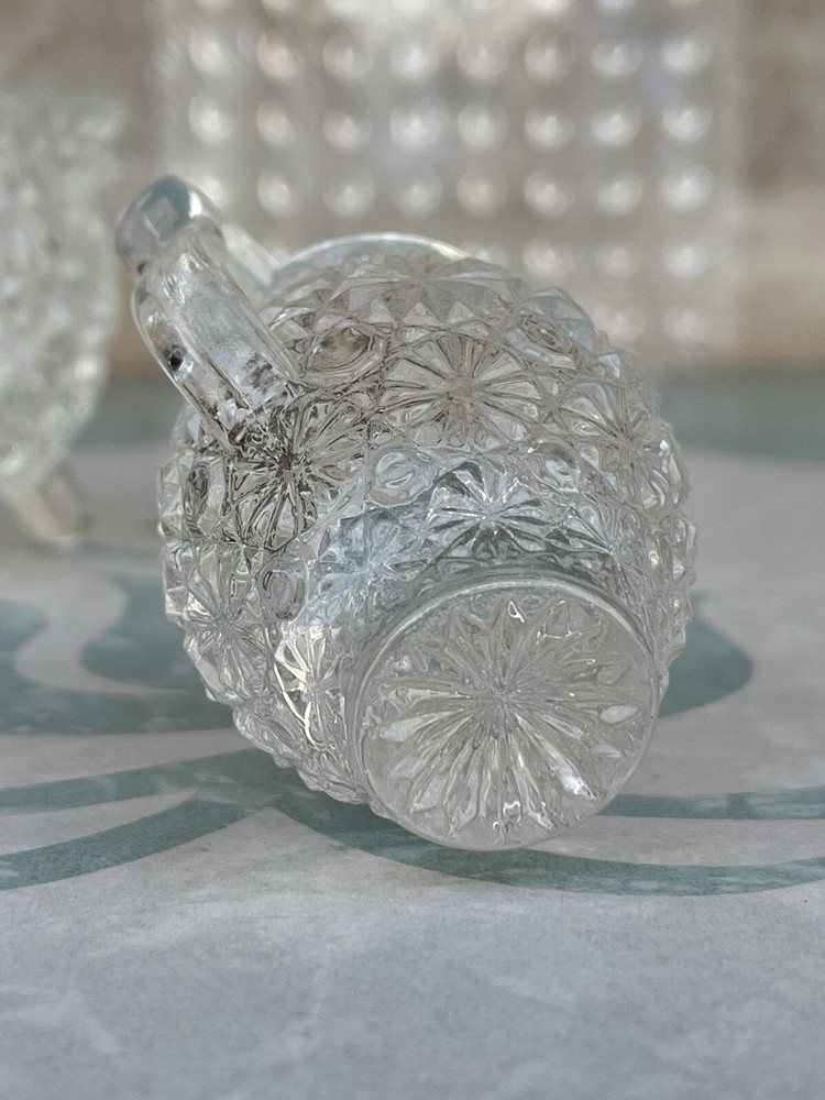 Wright/Smith Glass Daisy & Button Clear Square Plate Mini Pitcher 3 Toed Kettle