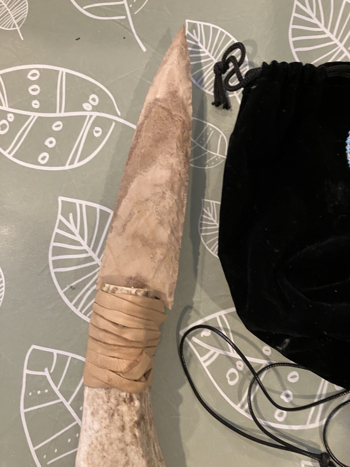 Flint Knapped Stone Arrowhead Blade W/ Antler Handle Knife 12.”inch & EXTRAS