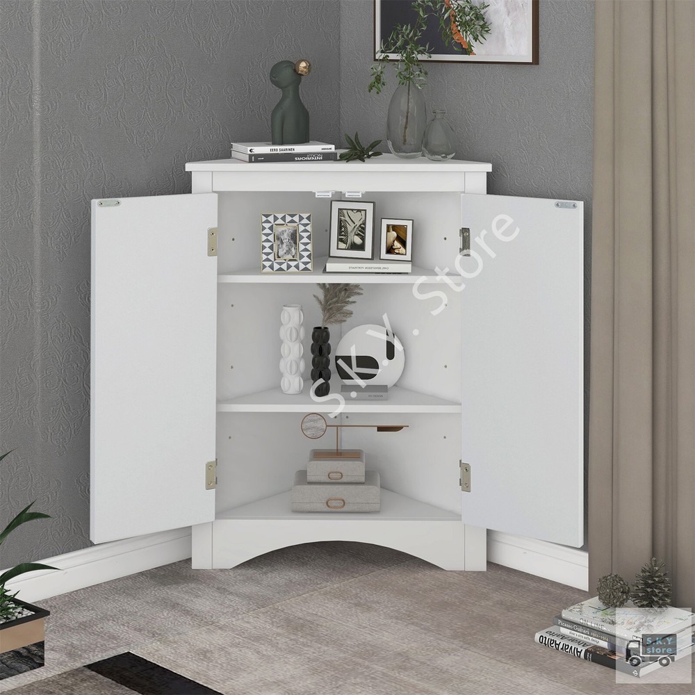 White Triangle Bathroom Storage Cabinet with Adjustable Shelves, Freestanding