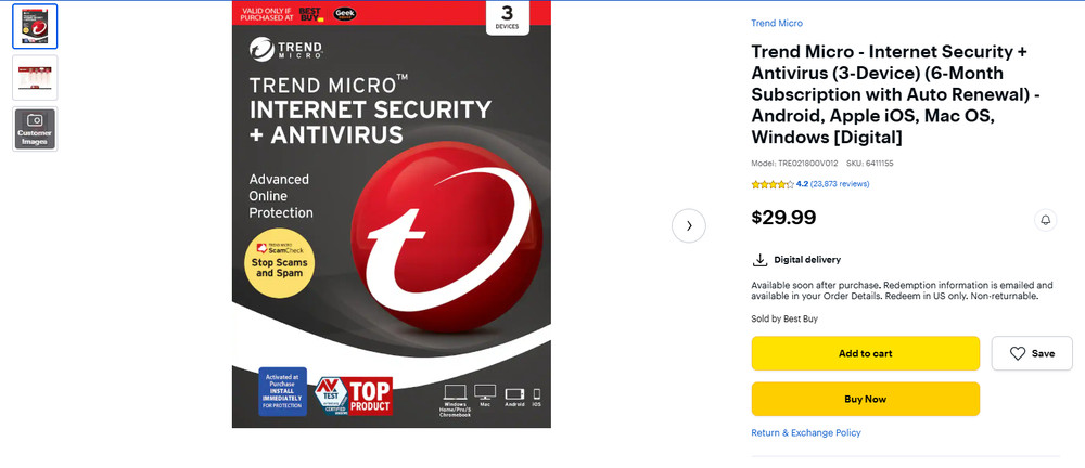 Trend Micro - Internet Security + Antivirus (3-Device) (6-Month Subscription)