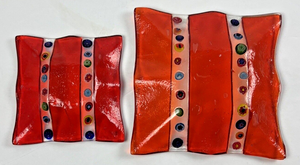 TWO Small Glass Orange + Multicolored Millefiori Square Trinket Dish Ashtrays