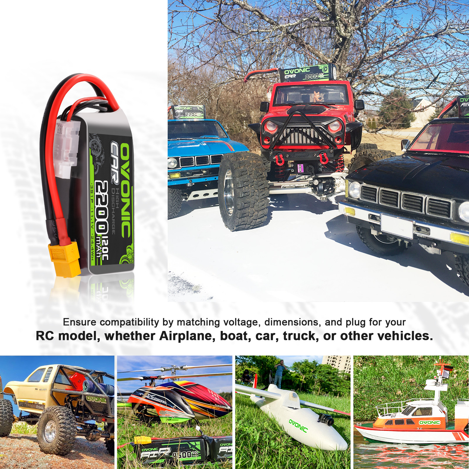 2X OVONIC 11.1V 120C 2200mah 3S Lipo Battery XT60 With 1-8S Lipo Voltage Tester