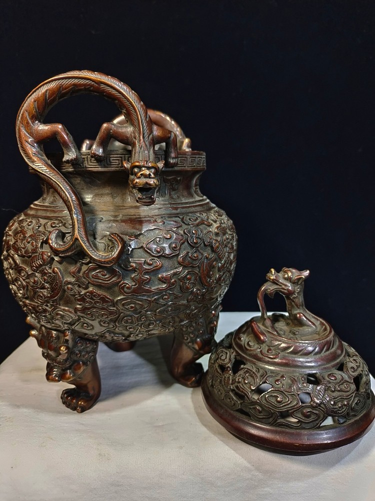 24cm Collect copper bronze dragon ear bat clouding pattern Incense burner pot