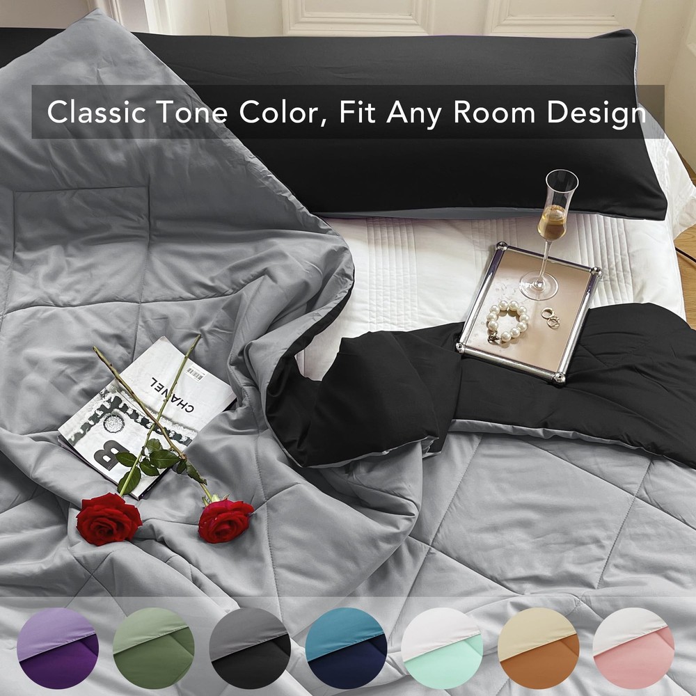 Comforter Set Full Queen Black Grey Reversible Lightweight Cooling Bedding
