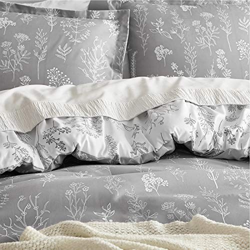 Bed Comforter Set - Reversible Floral White Bedding Comforter Set, Queen Grey