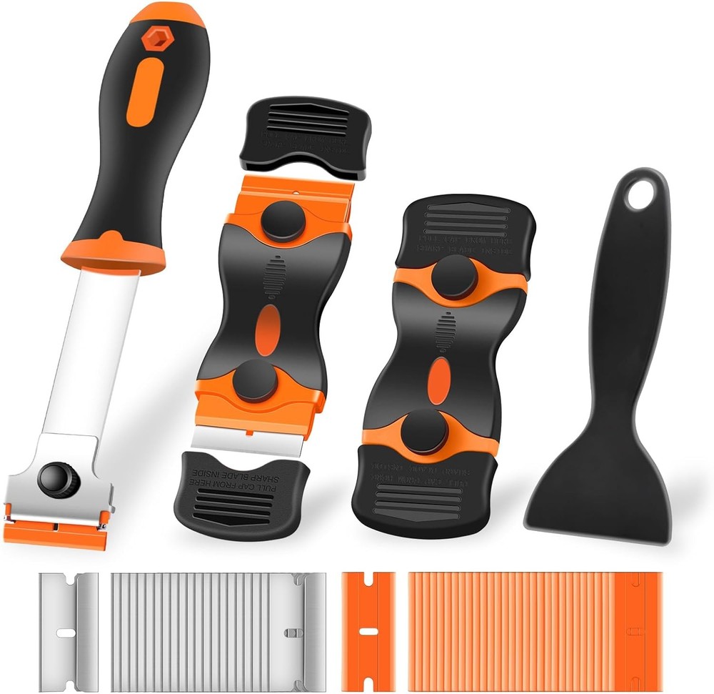 4 Pack Razor Blade Scraper, Premium Cleaning Scraper Tool with 50 PCS Metal & Pl