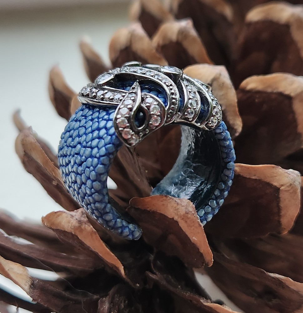 BLUE STINGRAY LEATHER, OXIDIZED STERLING SILVER, WTITE TOPAZ Adjustable Ring