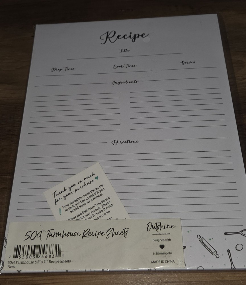 Recipe Sheets 50 CT 8.5"x11" Sheets