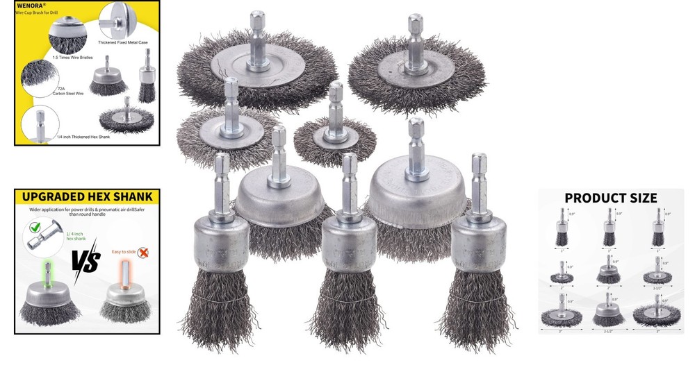 Comprehensive 9 Pcs Wire Brush Kit for Drill - Optimal Rust and Surface Cleaning