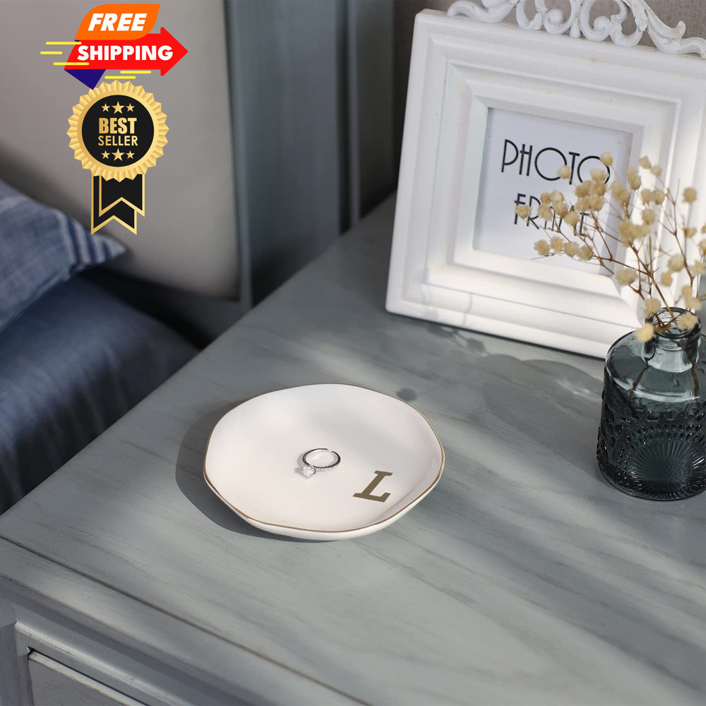 VINCOMIC Initials Ring Dish Jewery Tray with personalized 4.5", White