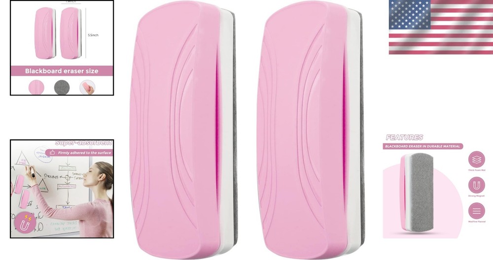 High-Quality Magnetic Pink Whiteboard Erasers - 2 Pack with Replaceable Felt