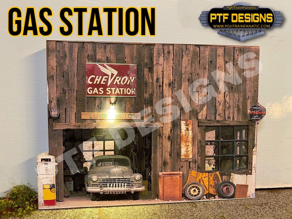O Scale GAS STATION Building Flat w/LED - Scratch Built - MTH Lionel