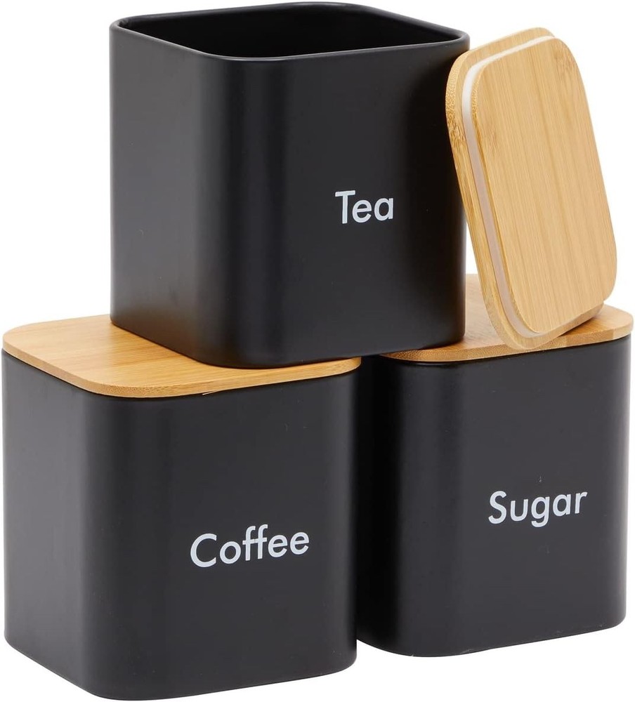 Coffee Tea Sugar Container Set Black Iron Square 3 Pack 48 oz Each Coffee Bean